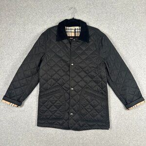 Womens Burberry Black Quilted Jacket Size M Nova Check Suede Collar Classic